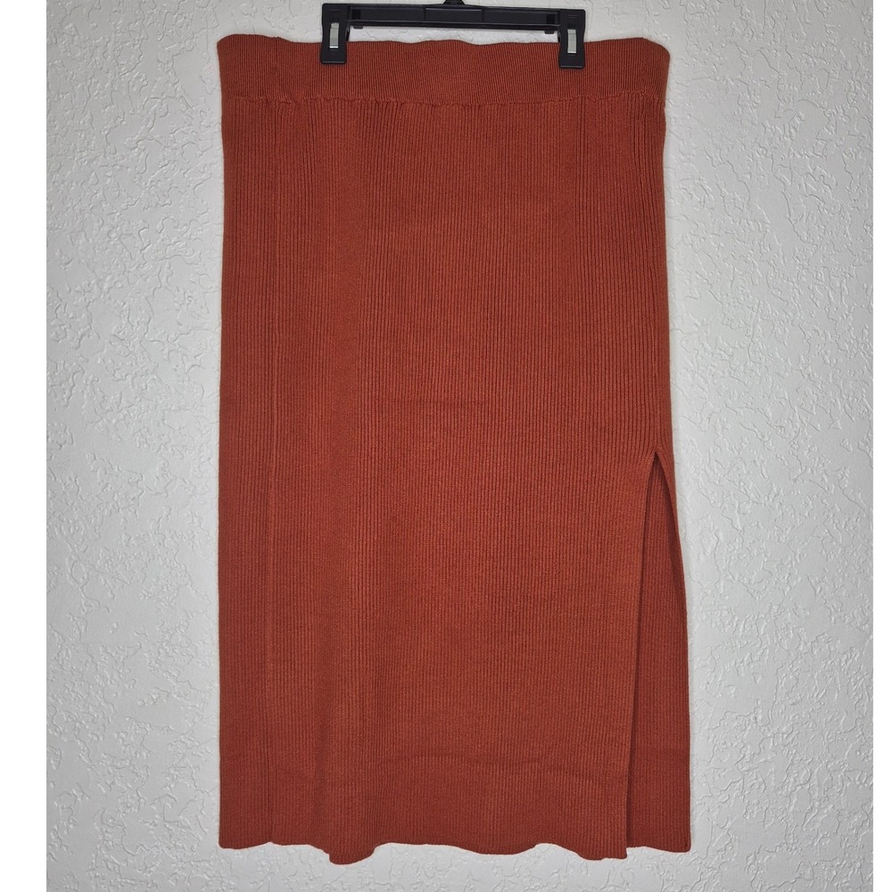 SHEIN Curve Rust Orange Ribbed Knit Midi Skirt Plus Size 3XL Side Slit